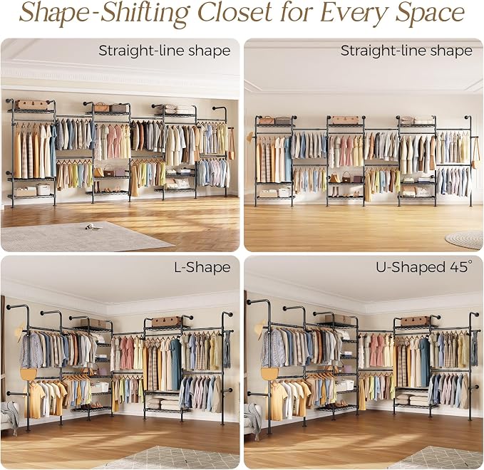 Closet Organizers and Storage, 6-Row Heavy Duty Clothes Rack for Hanging Clothes, Wall Mounted Closet System with 6 Telescopic Rods, 3 Fixed Rods, 7 Hooks, 9 Shelves for Wardrobe, Bedroom, Small Space