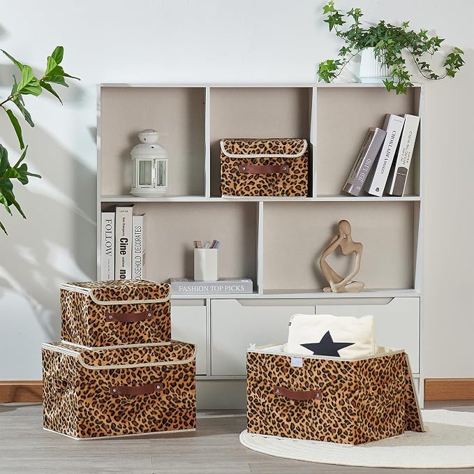Storage Bin with Lid Decorative Cute Leopard Print Box Basket | Velvet Fabric, Faux Leather Handles, Washable PP Board, Foldable Lidded Clothes Container, Shelf Closet Organizer, Large Size