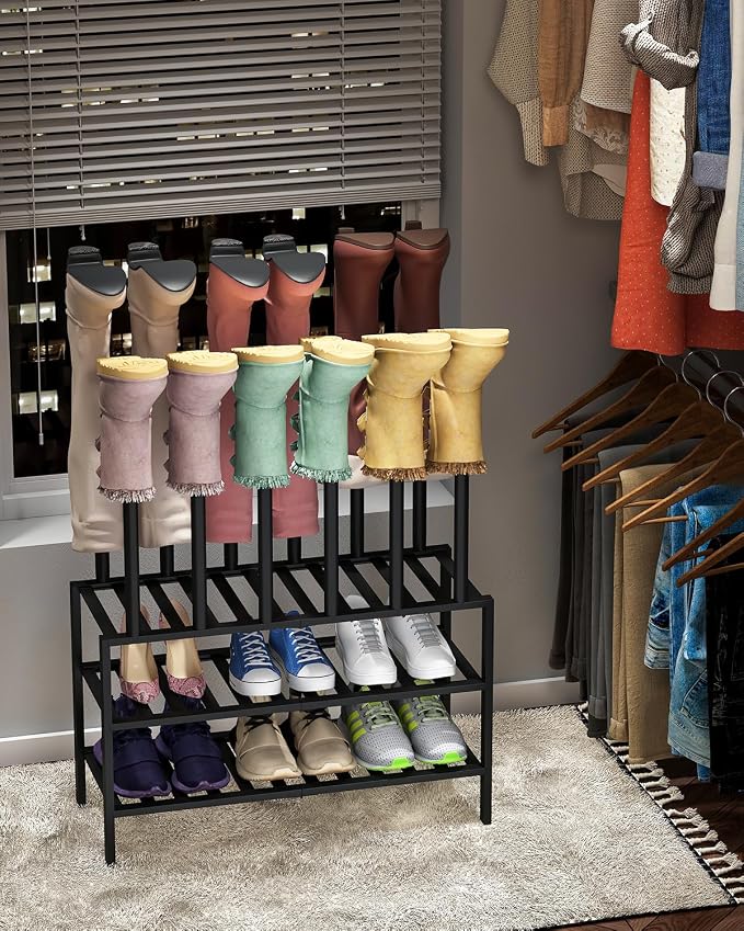 viewcare Black Boot Rack, Boot Rack Organizer Tall Boots with Shoe Rack for Closet, Bamboo Wood Shoe Shelf Storage Organizer for Entryway Small Space