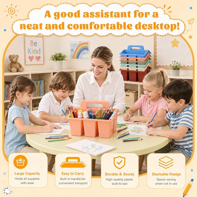 Plastic Classroom Caddy with Handle, 6 Pack 4-Compartment Teacher Supply Organizer, Stackable Desk Caddies for Pencils, Markers, Crayons, Art Craft Supplies, School Office Home, Modern Pastel Colors