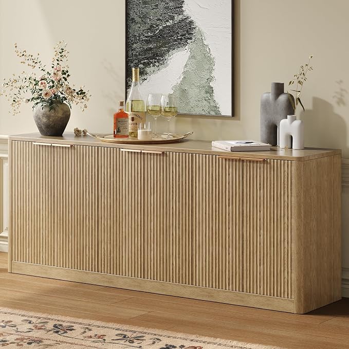Evermagin 67" Fluted Oak Buffet Cabinet with Storage | Mid-century modern wood sideboard, large credenza with 6 doors for kitchen or living room, 67"W x 31.5"H x 15.7"D