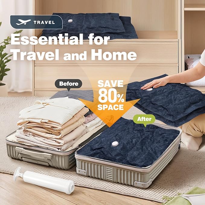 6 Pack Cloth Vacuum Storage Bags, Vacuum Seal Bags for Clothing with Hand Pump, 2 Large+4 Medium, 80% Space Saver Bags for Luggage, Comforters,Blankets, Home Travel Essentials(Demin)