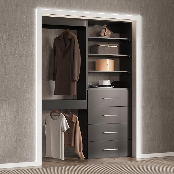 Modular Closet System, 55" Wide Organizer With Tower and Drawers, Wood Storage for Walk In Closets, Wall Mounted Wardrobe Kit, Bedroom, Black