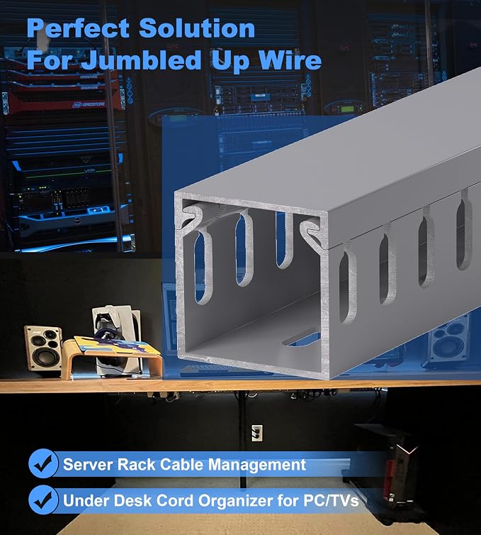 1.4"H x 1.4"W Cable Raceway, 132in Under Desk Wire Management Channel, Grey | Slotted Wire Duct, 8Pack, 16.5in Each, Heavy-Duty PVC Cable Management for Server Racks, Network Cables & Electrical Cabinets