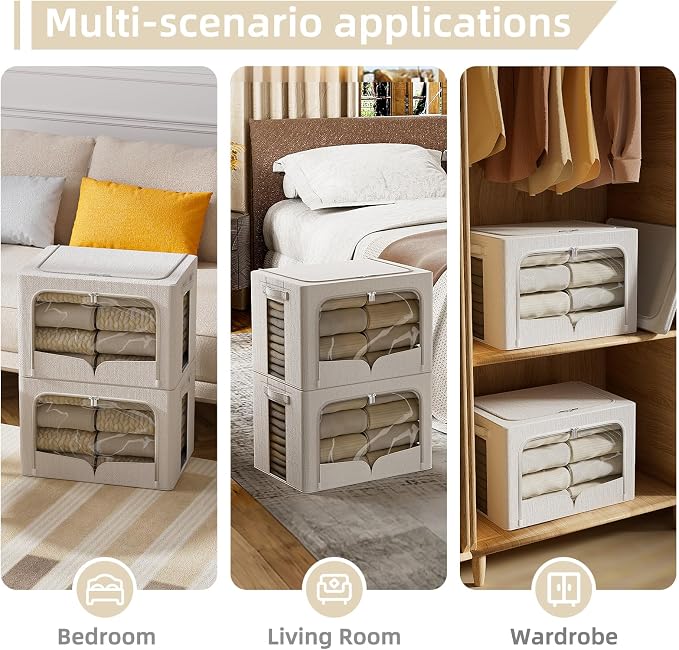 FHSQX 3 Pack Clothes Storage Bins - Foldable Metal Frame Storage Box - Stackable Linen Fabric Container Organizer Set with Carrying Handles and Clear Window (Cream White, 16.5x12.2x12.2inch(40L))