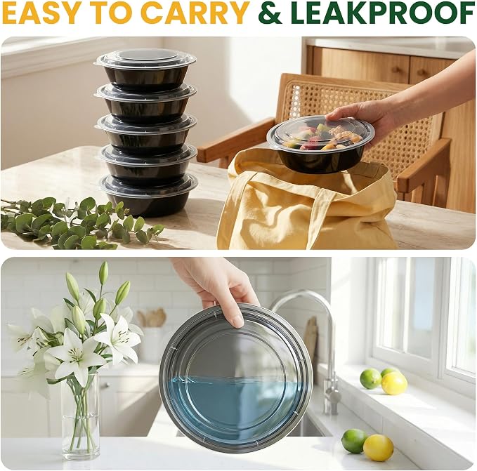 30oz Round 50-Pack Meal Prep Containers Reusable with Lids, To Go Take Out Plastic Food Storage Containers with Lids, Sturdy Leakproof & Food Safe, Microwave Freezer Dishwasher Safe Prep Containers