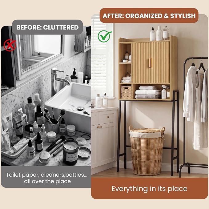 31" W Over The Toilet Storage Cabinet with Fluted Door,Bathroom Organizers and Storage with Adjustable Shelves, Mordern Over Toilet Organizer for Bathroom,Restroom,Laundry,Oak