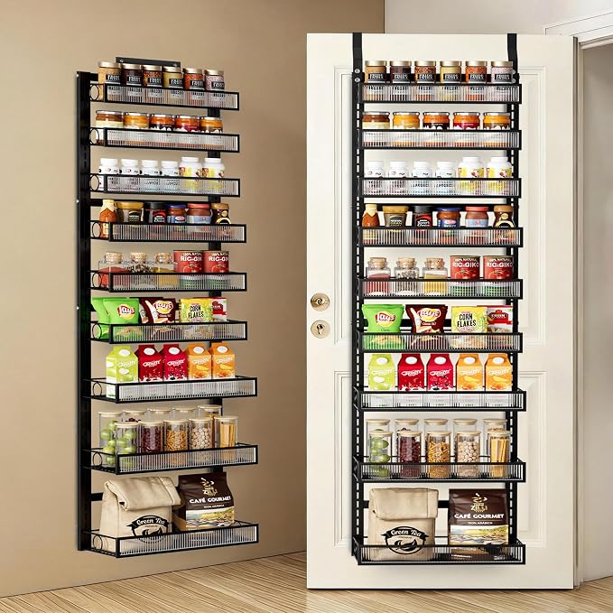 Over the Door Pantry Organizer 9 Tier Hanging Door or Wall Mounted Spice Rack with Adjustable Acrylic Basket,Heavy Duty Metal Seasoning Storage Shelf for Kitchen Pantry and Bathroom Black