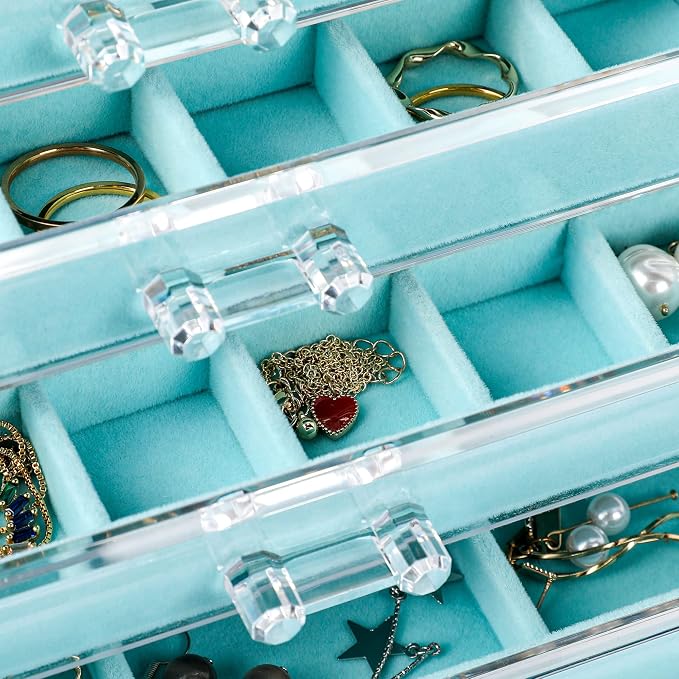 Frebeauty Acrylic Jewelry Organizer Earring Organizer Box with 5 Drawers Earring Holder Organizer with Velvet Trays Clear Jewelry Box for Women Earring Display for Rings Studs(Turquoise) | 61 Jewelry Storage Grid for Rings Studs Bracelet,Velvet Lining,...