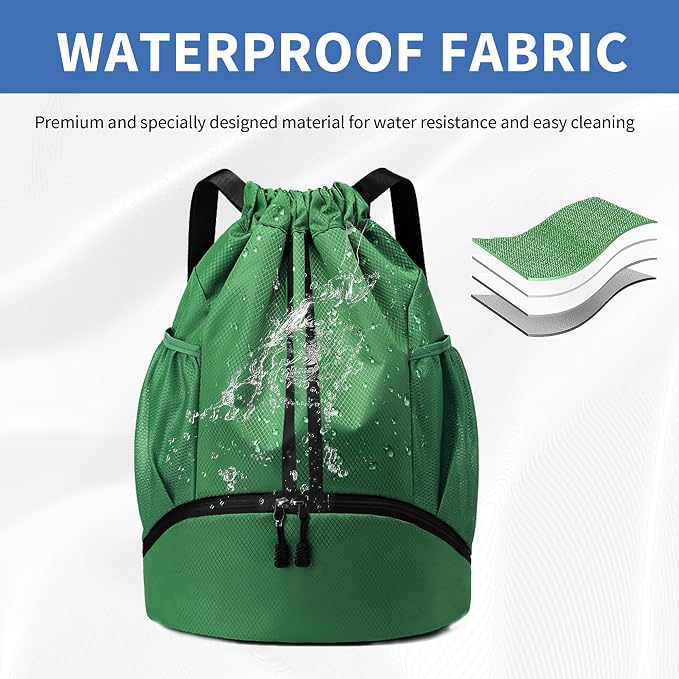 JELUTAR Drawstring Backpack Gym Bag with Shoes Compartment for Soccer, Basketball, Swim, Water-Resistant String Backpack Beach Cinch for Women Men, Dark Green