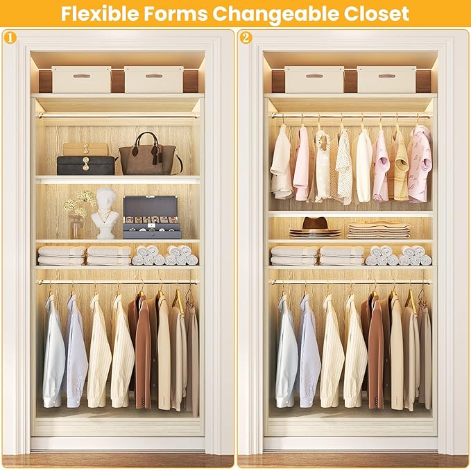 Unikito 72'' Closet System with 4 Hanging Rods, Walk-in Clothing Organizer, 2-Piece Wood Garment Rack for Bedroom, White Oak
