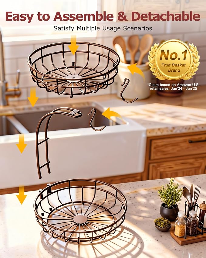 Sevenblue 2 Tier Modern Fruit Basket for Kitchen, Brown, Extra Large | Space-Saving Vertical Storage for Veggies, Bread, Snacks, Fits Under Cabinets, includes 2 banana hooks and protective mats