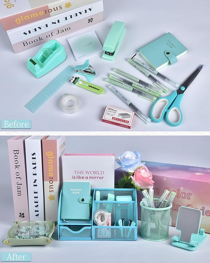 LXEVIHK Green and Blue Desk Accessories, 26Pcs Office Supplies and Desk Organizers, with Tape Dispenser, Stapler, Staple Remover, Ect,Christmas Gifts