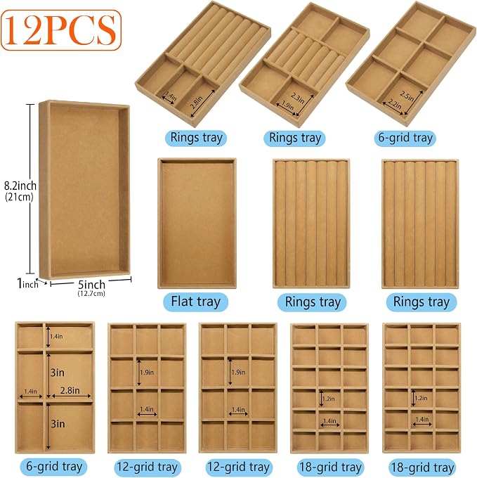 12 Set Jewelry Trays Organizer Stackable Jewelry Display Case Storage Box for Earring Necklace Rings Bracelet Watch, Brown