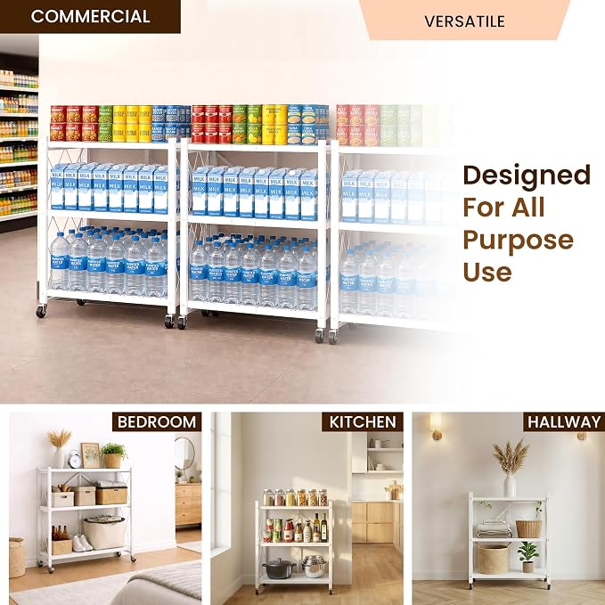 Our Modern Space 3-Tier Foldable Storage Shelf with Wheels | Metal Rack Collapsible Shelving Display | Rolling Cart for Books Kitchen Storage Shelves | Pantry & Closet Organizer | Office Room Decor