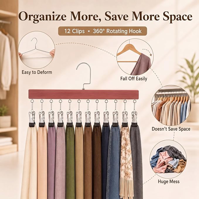 Novabright 6 Pack Cedar Hangers with 12 Clips, 360° Rotating Multi Clip Hangers for Closet, Wooden Hanging Space Saving Organizer for Leggings Pants Jeans Socks Hats Scarves Bras Accessories