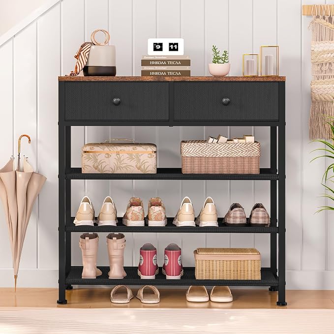 usikey Shoe Rack, 4 Tier Shoe Storage Organizer with 2 Drawers, Metal Shoe Shelf for 9-12 Pairs of Shoes, with 3 Oxford Fabric Shelves and Wooden Top, Shoe Stand for Closet Entryway, Black