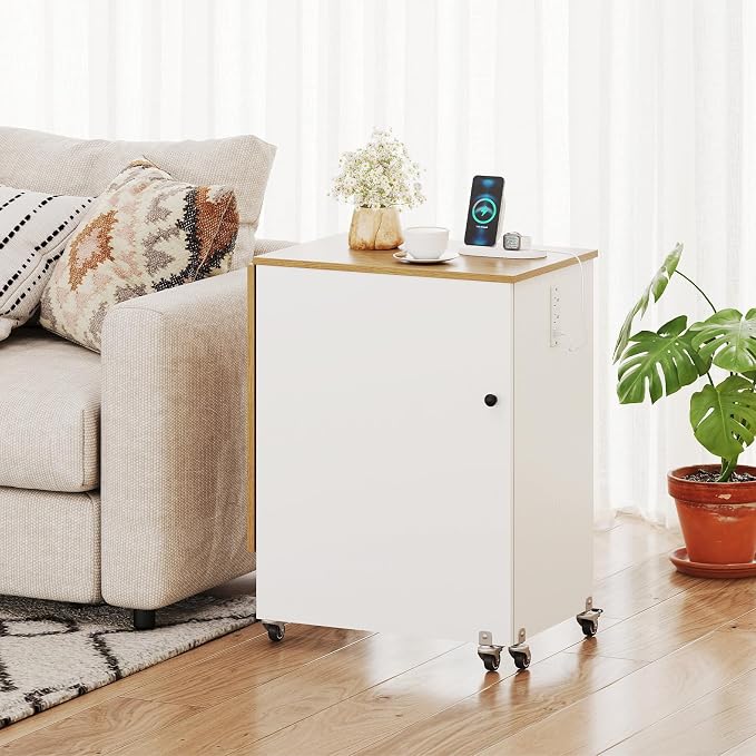 Giantex Folding Sewing Table with Charging Station, Storage Trays & Shelf | Rolling Craft Table with Lockable Wheels, Foldable Sewing Machine Cabinet Desk for Small Spaces, Dorms, White & Natural
