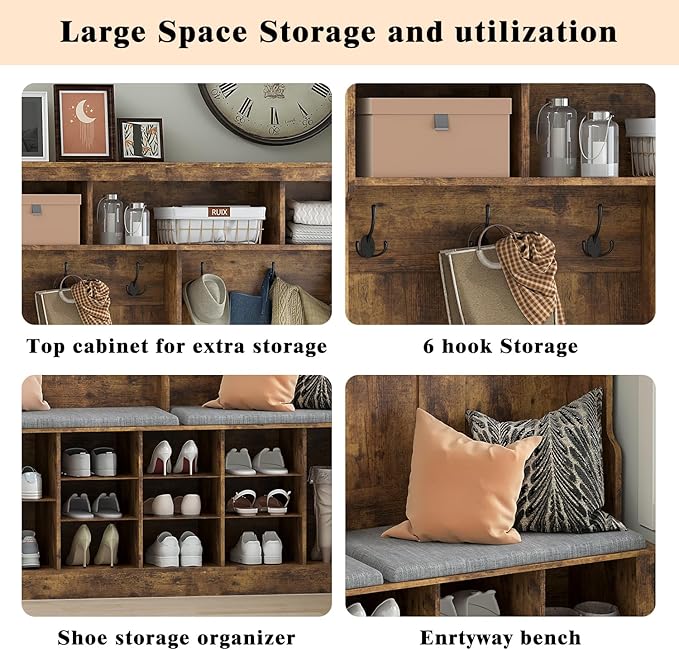 Wodeer Hall Tree with Bench and Shoe Storage, 53" Farmhouse 4-in-1 Mudroom Storage Organizer with Coat Rack, 6 Hooks, 12 Shoe Cubbies, Adjustable Shelf, for Entryway, Hallway, Living Room, Brown