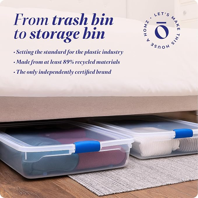 HOMZ 2-Pack Under Bed Storage, Clear Plastic Containers with Lids, 56 Quart, Blue Latch - Stackable Underbed Organizer Bins for Shoes, Bags, Clothes, and Towels