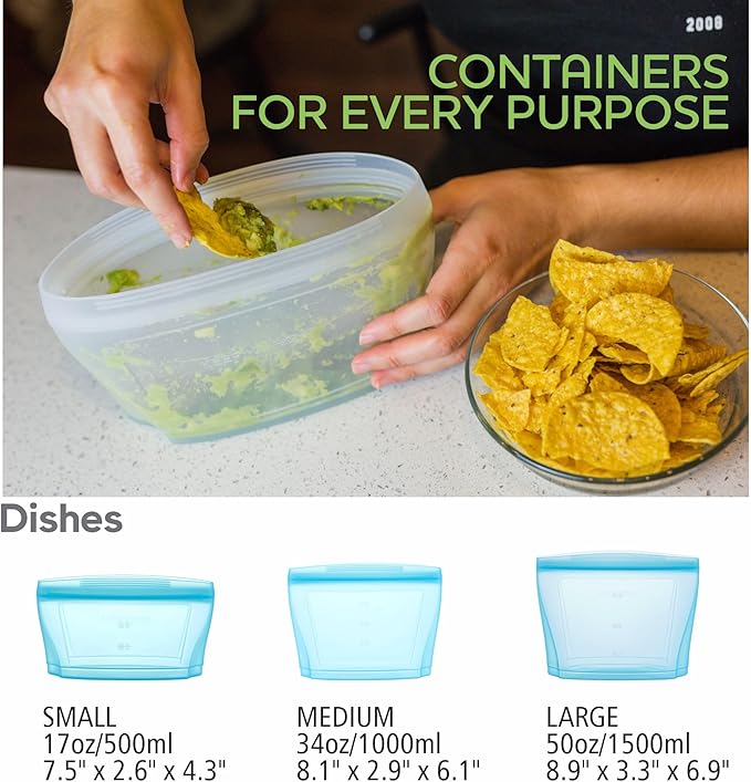 Zip Standing Reusable Silicone Food Storage Bag, Set of 6 White Stand Up Food Storage Container, Reusable Zipper seal bag, no lid required, for Food Storage& Meal Prep, Freezer Oven Dishwasher - Safe