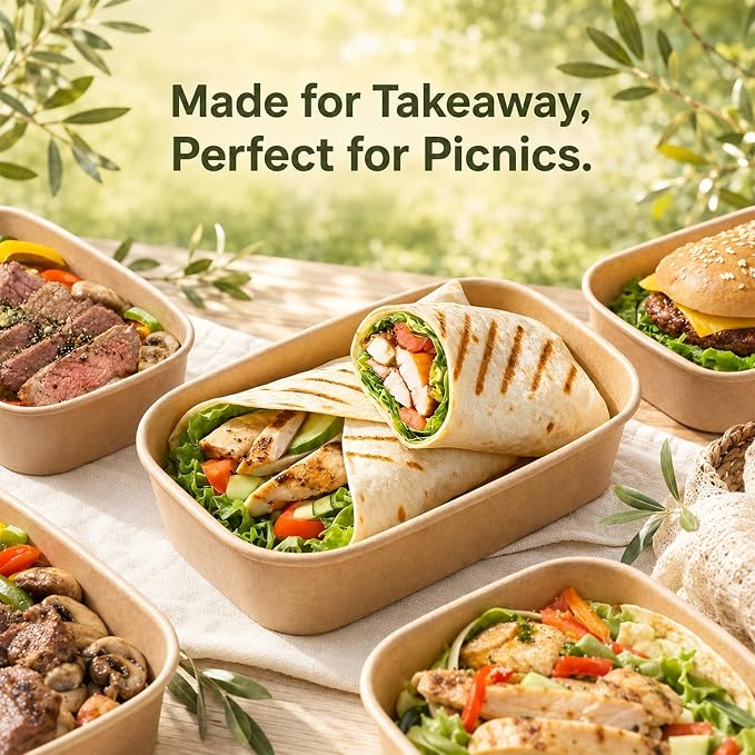 Holotap 50 Pack 33 OZ Disposable Kraft Paper Bowls with Lids【with Spoons and Forks】,Disposable Food Containers, Microwave Safe for Hot Soup, Disposable Meal Prep Containers for Restaurant Supplies