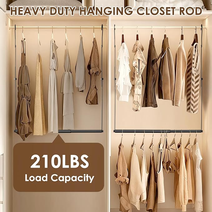 Hanging Closet Rod, Hanging Clothes Organizer, Adjustable, 1 Pack | Metal, Black, Heavy Duty, Space-Saving