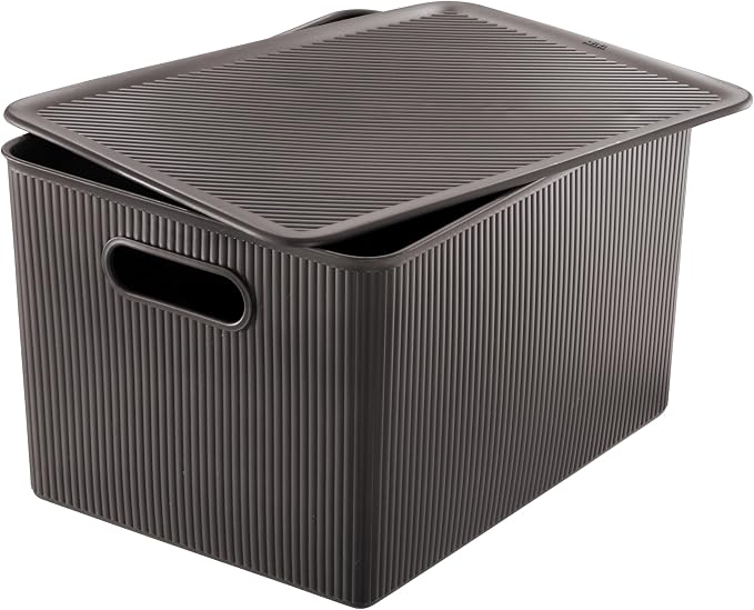 Decorative Plastic Basket Lidded Home Storage Bins Organizer Baskets, X-Large Brown (1 Pack - 22 Liter) Stackable Container Box, for Organizing Closet Storage Bins for Shelves - Ribbed Collection
