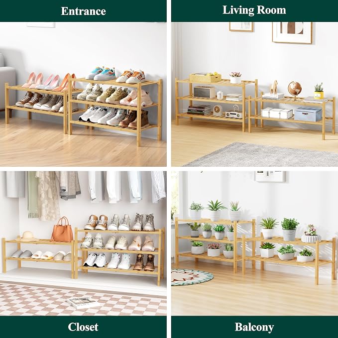 Smiry Bamboo Shoe Rack for Closet, 6 Tier Wooden Shoe Organizer, Stackable Wood Shoe Storage Shelf for Entryway, 14 Vertical Slats, 3+3 Stack Heavy-Duty Legs, 26.77"x11.02"x36.61", Natural