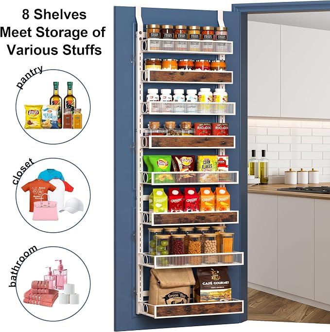 8 Tiers Pantry Door Organizer Spice Rack, 2-IN-1 Wall Mount or Hanging Over Door Seasoning Organizer with Adjustable Baskets, Heavy Duty Behind Door Storage Shelves for Pantry, Cabinet and Kitchen