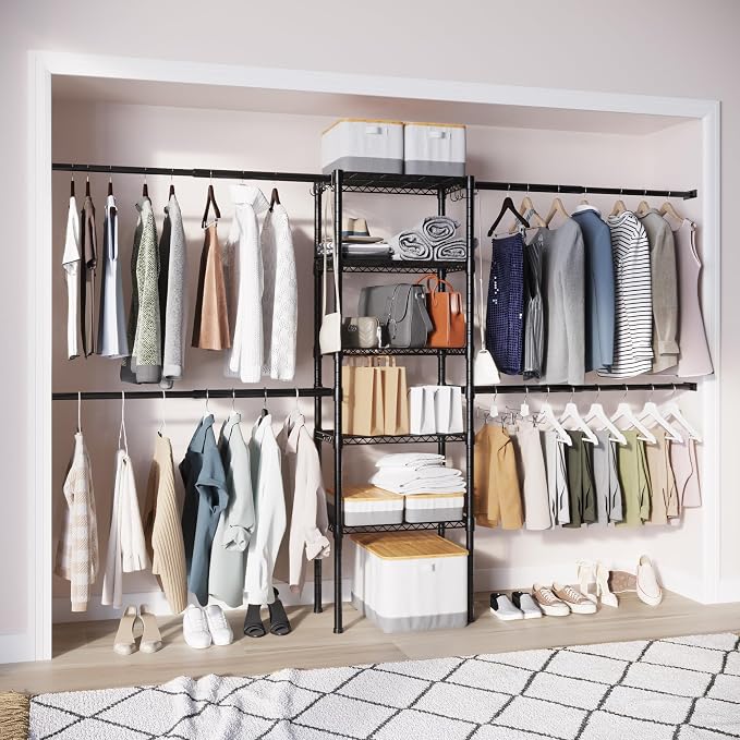 Wall Mounted Closet Organizer, Industrial Pipe Clothing Rack 83" x 50" | Houseables Garment Hanging Storage System Heavy Duty Open Wardrobe For Bedroom Boutique Retail Display 2 Rods, 2 Wood Shelves