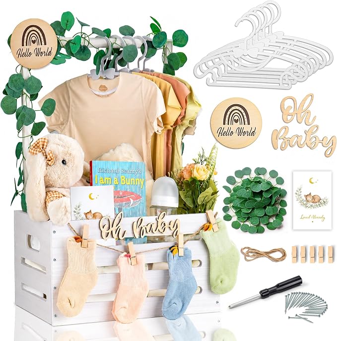 Wooden Baby Shower Crate Closet - Personalized Baby Gift Baskets with Hangers, Large White Newborn Shower Crate Box for New Mom Boys Girls