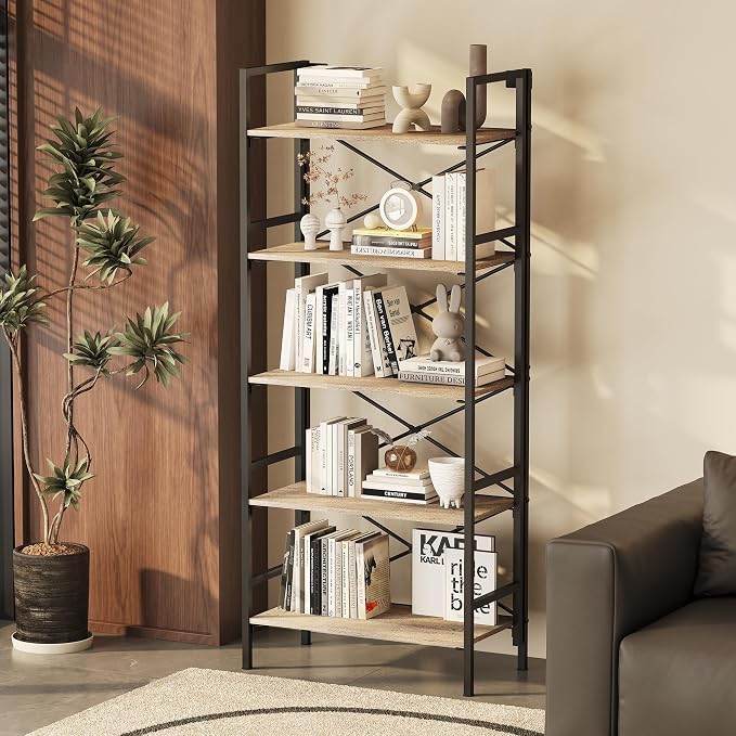 Homeiju Folding Bookshelf,5 Tier Bookcase Foldable Shelf with X-Bracket Design, Adjustable Feet, Space Saving Storage for Living Room, Office