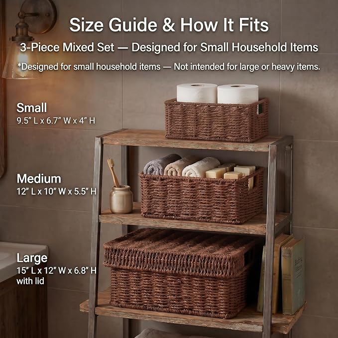 Wicker Storage Basket with Lid - Woven Basket for Storage,Rectangular Decorative Boxes Bins with Lids for Shelves,living room, Nursery, 3 baskets+1 lids(Dark Brown)