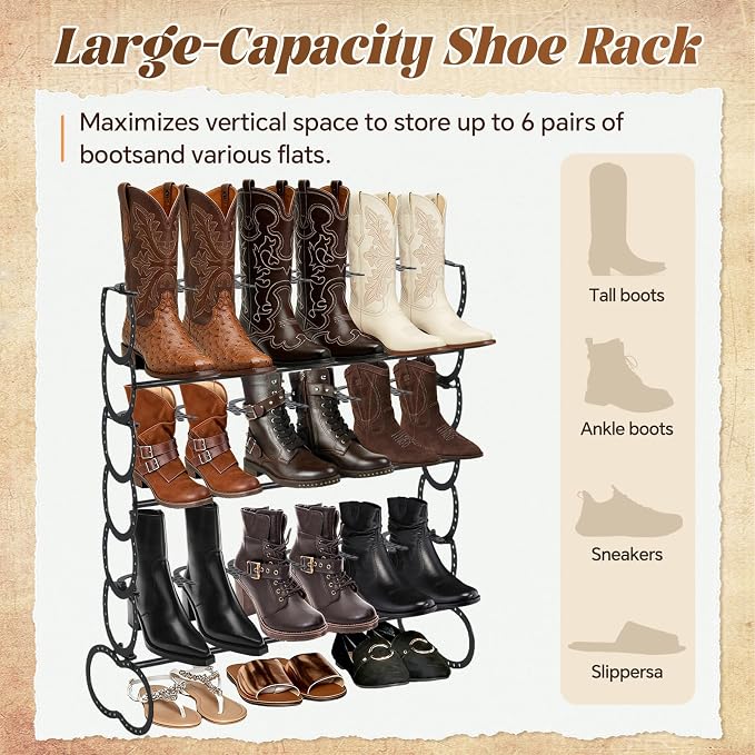 Cowboy Boot Rack 9 Pairs Horseshoe Boot Rack Cowboy Boots Storage Organizer Rustic Horseshoe Gifts Farmhouse Decor for Western Style Lovers Entryway Accessories (Three Level)
