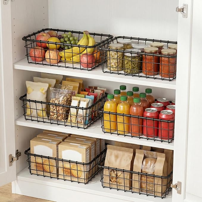 6PK Wire Baskets for Organizing, Baskets for Pantry Organization, Baskets for Snack, Fruits, Cans, Toys, Kitchen Cabinets, Closet Storage