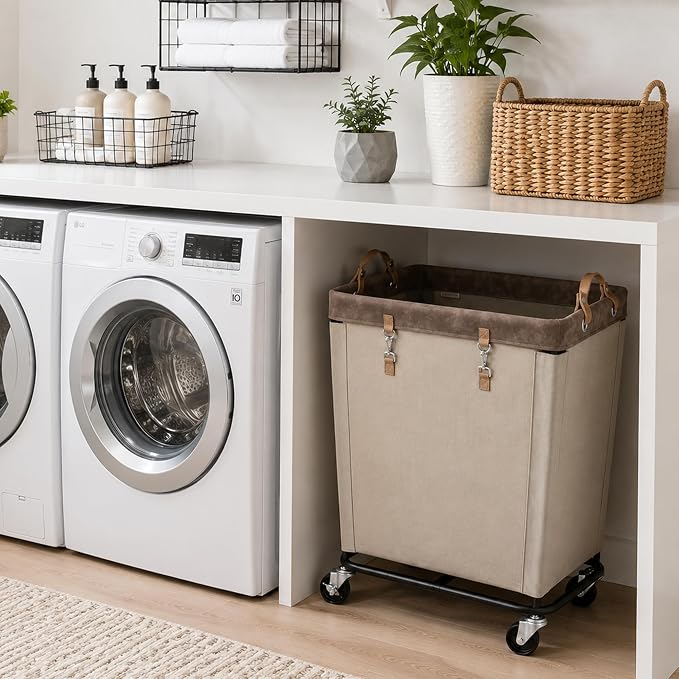 StorageWorks Laundry Basket with Wheels for Clothes, 210L Tan Hamper Cart