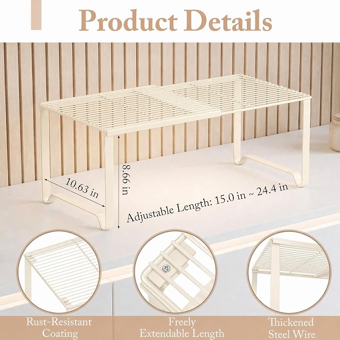 Extendable Metal Wire Shelf Organizer - Adjustable 15-24.4in Length, Stackable Storage Rack for Kitchen/Pantry/Bathroom/Shoe Cabinet/Tool Closet (2, Cream)