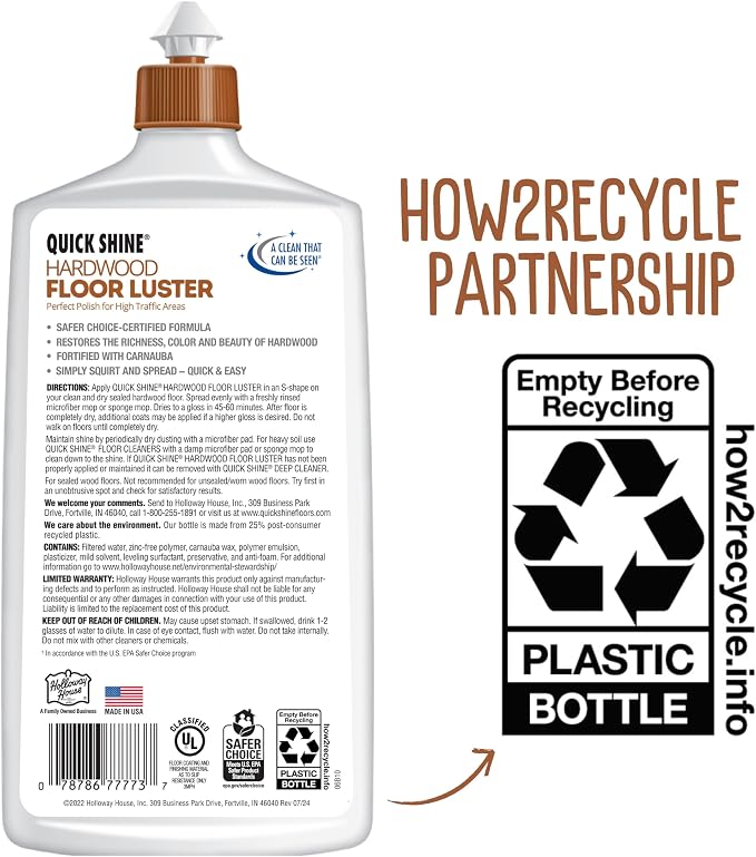Quick Shine Hardwood Floor Luster 27 oz-2 Pk, Natural Looking Shine | Plant Derived Carnauba Polish, Renew & Protect, Streak & Haze Free, Non-slip, pH Neutral, No PFAS, EPA Safer Choice