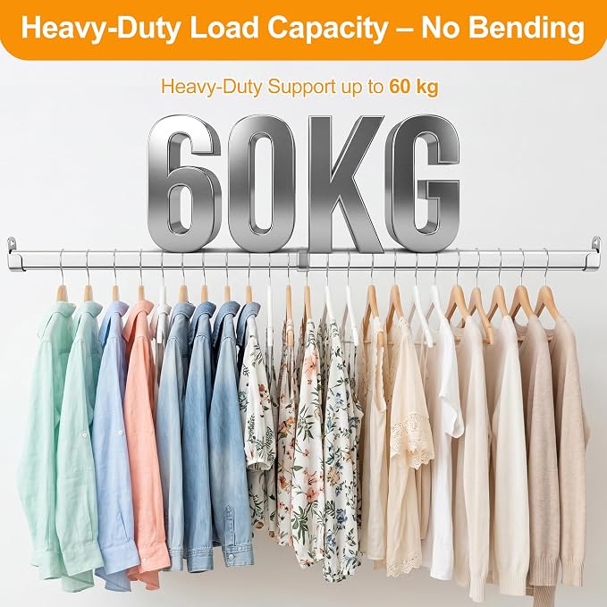 Closet Rods for Hanging Clothes, 24 to 47 Inches Stepless Extendable Stainless Steel Closet Pole, Heavy Duty Clothes Rod for Closet Wardrobes Laundry RV, Flat Oval, Chrome