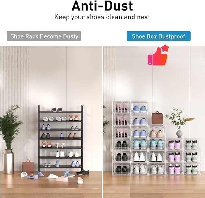 10 Pack Thickened Clear Stackable Shoe Organizer Storage Boxes with Magnetic Door, Sneaker Display Cases for Closet, Entryway & Under Bed Storage, Space Saving Shoe Storage Solution, White