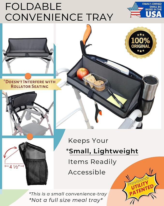 Walker Basket for Folding Walker with Flip-Down Walker Tray Reacher Cane Holder Strap Cup Holder | Basket for Walker Bags for Folding Walker with Wheels, Walker Accessories for Walker Rollator (GRAY)