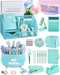 LXEVIHK 21Pcs Green and Blue Desk Organizers and Accessories With Mesh Desk Organizer and 360°Rotating Pen Holder and a Lot of Office Green Office Supplies Beautifully Presented in a Gift Box