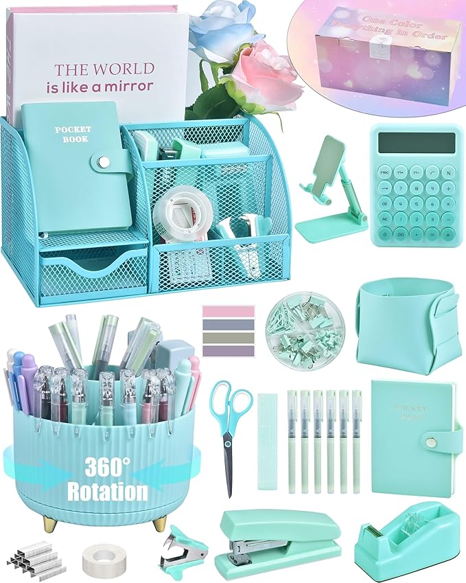 LXEVIHK 21Pcs Green and Blue Desk Organizers and Accessories With Mesh Desk Organizer and 360°Rotating Pen Holder and a Lot of Office Green Office Supplies Beautifully Presented in a Gift Box