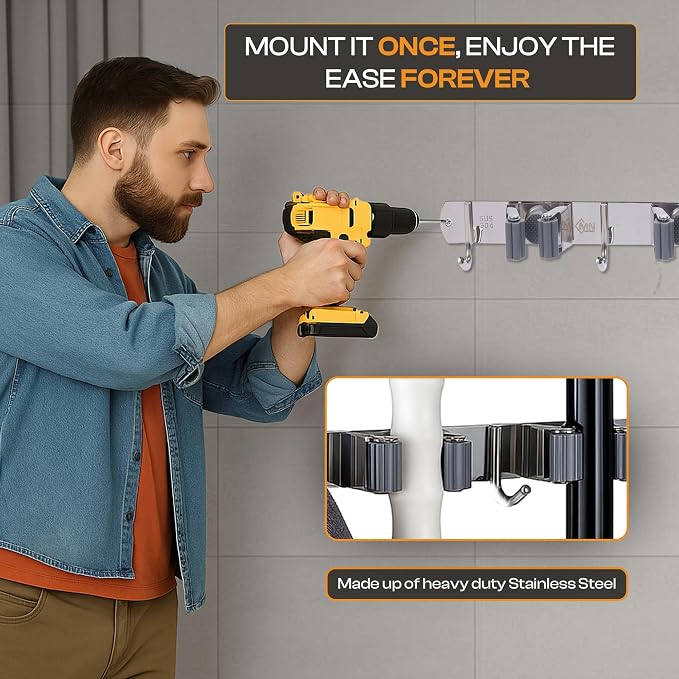 Heavy-Duty Stainless-Steel Broom Holder Wall Mount with 4 Racks and 5 Hooks | Rust Resistant Mop and Broom Hanger | Adjustable, Garage & Garden Tool Organizer | Silver Color