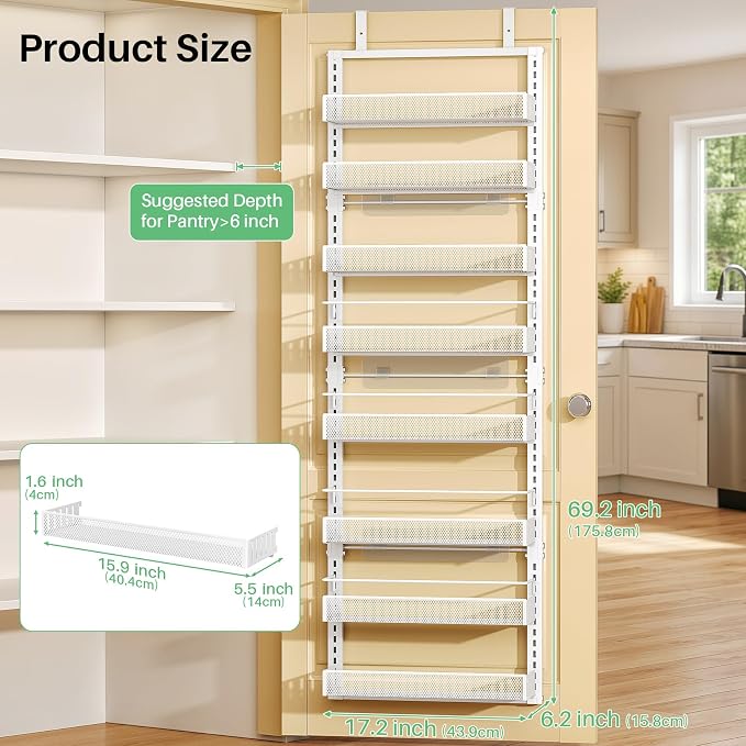 Over the Door Pantry Organizer - 8 Tiers Height Adjustable Pantry Organizers and Storage with Dense Mesh Baskets, Metal Door Hanging Spice Rack for Kitchen Bathroom (White, 17.2" W x 6.2" D x 69.2" H)