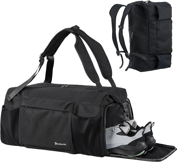 Small Gym Bag for Men with Shoes Compartment and Wet Pocket Convertible Duffle Bag and Gym Backpack Waterproof Sports Bag with 2 Bottle Holders Weekender Overnight Bag - Black