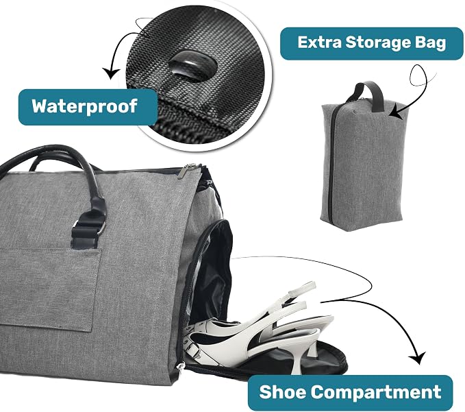 Convertible Garment Duffel Bag for Travel, Large Carry On Weekender Bag with Hanging Clothes Feature, Overnight Travel Duffle Bag for Women with Shoe Compartment (Gray)
