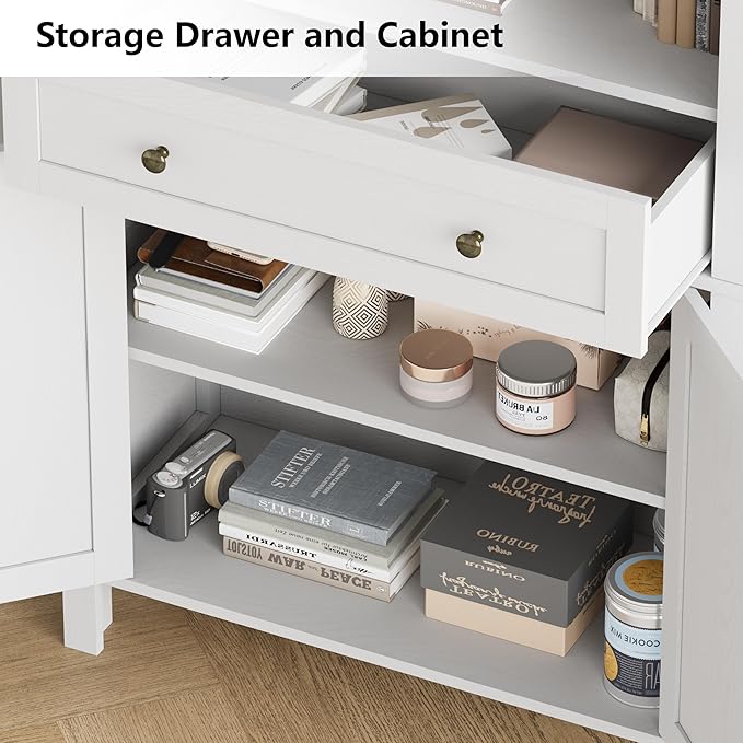 71" Tall Arched Bookshelf, 5-Tier Bookcase with Drawer, Farmhouse Storage Book Shelf with Open Shelves for Living Room, Dining Room, White