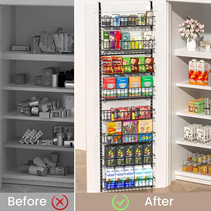 ElegantArray 8-Tier Pantry Door Organizer, Over The Door Pantry Organizer Rack and Storage, Hanging Spice Rack Shelves Door, Home Office Laundry Room Bathroom & Kitchen Organization Essentials Metal